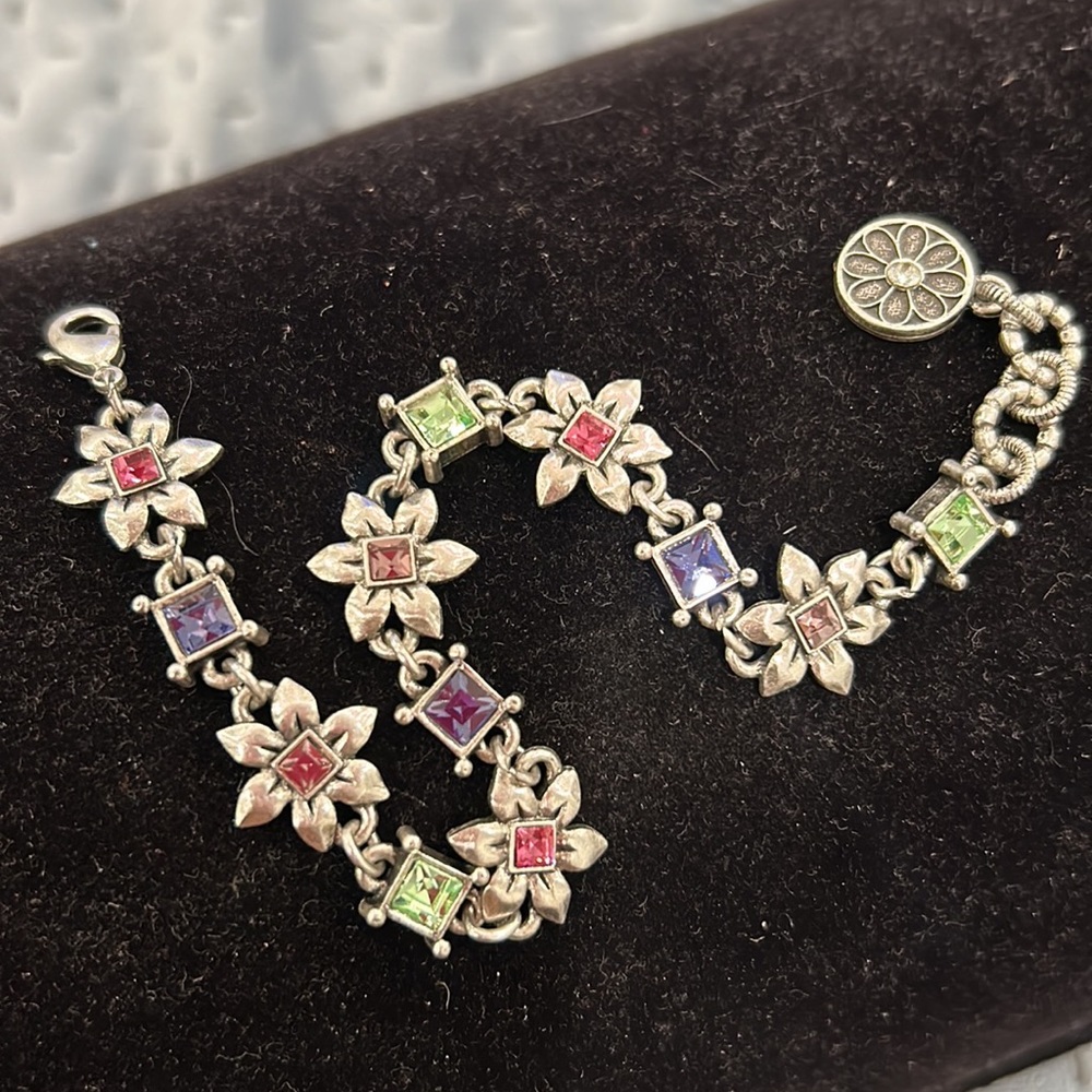 Antiqued Silver Crystal Flower Link Bracelet, NWT-Boutique